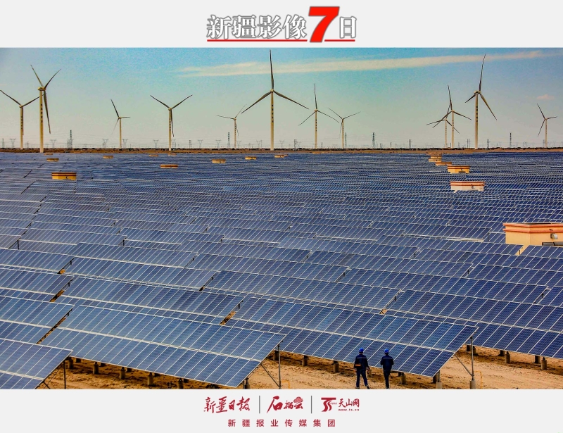 風(fēng)光互補(bǔ)  電力十足 ——7月25日，工作人員在新疆能源集團(tuán)哈密煙墩風(fēng)光互補(bǔ)電站巡檢。 夏日，走進(jìn)位于哈密市東南部約70公里處的新疆能源集團(tuán)哈密煙墩風(fēng)光互補(bǔ)電站，100多臺(tái)風(fēng)力發(fā)電機(jī)隨風(fēng)起舞，50萬塊多晶硅光伏發(fā)電板在陽光下閃閃發(fā)亮，源源不斷的綠色電力通過哈鄭±800kV特高壓直流輸電路直送鄭州。該電站2015年12月并網(wǎng)發(fā)電，是哈密目前已建成的最大風(fēng)光互補(bǔ)電站，總裝機(jī)容量30萬千瓦時(shí)，截至目前已累計(jì)發(fā)電突破40億千瓦時(shí)。 □石榴云/新疆日報(bào)記者 蔡增樂攝